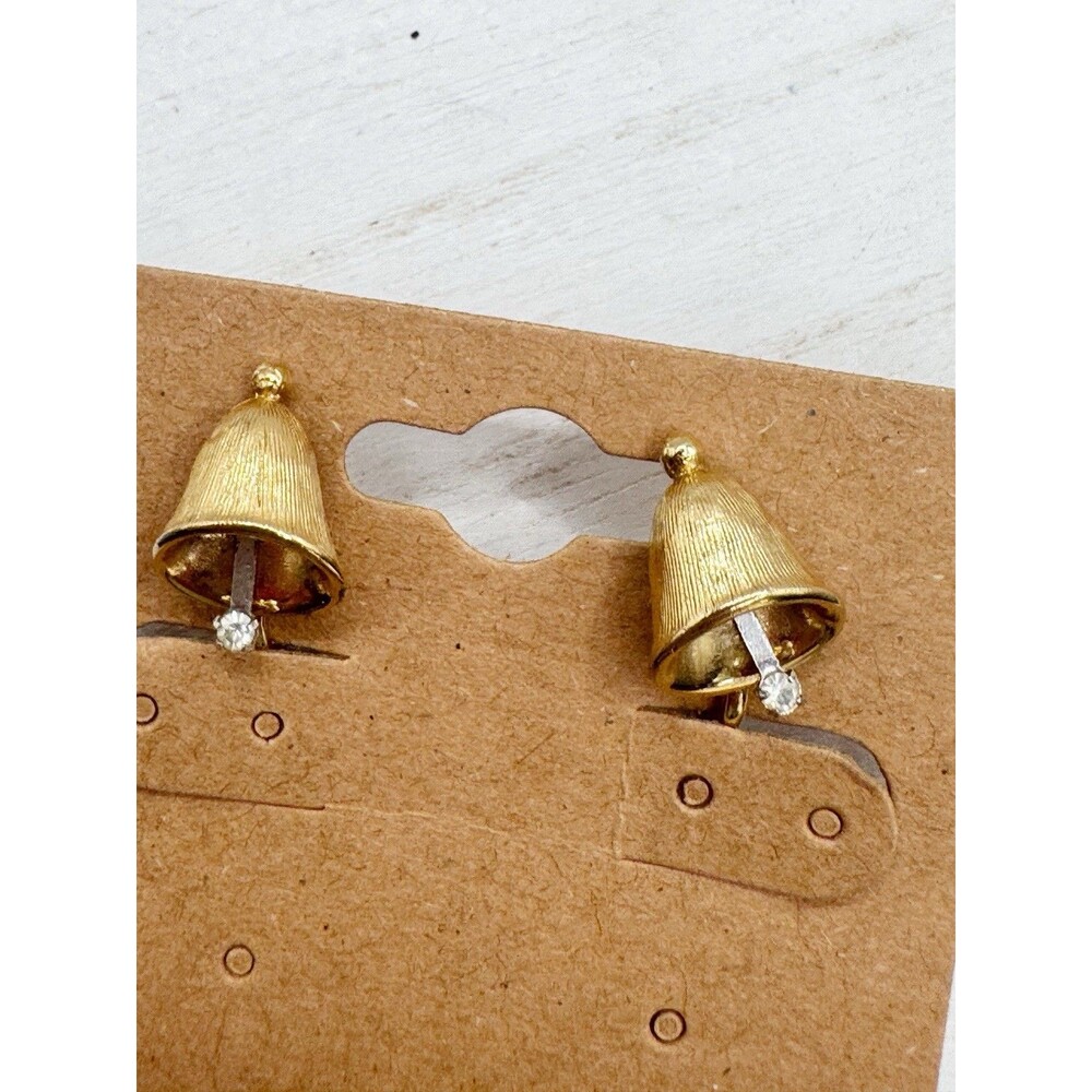 Avon Vtg Jingle Bell  Rhinestone Clapper Moves Gold Tone Earrings Clip-on Small